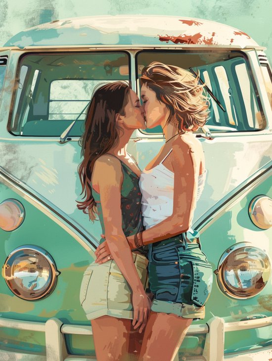 Foto: Poster lesbische zomerliefde vrouwenstel romantisch voor een volkswagen vw camper busje de prijs is inclusief verzendkosten wall art een prachtig cadeau lgbtqia queer gay pride