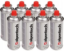 Alpen Camping - set van 8 stuks - Gaspatroon 220g / 380ml | Certificaat: Pi 0875 | Voldoet aan EN521- butaan, werkgebied -10°c tot + 40°c, IK300