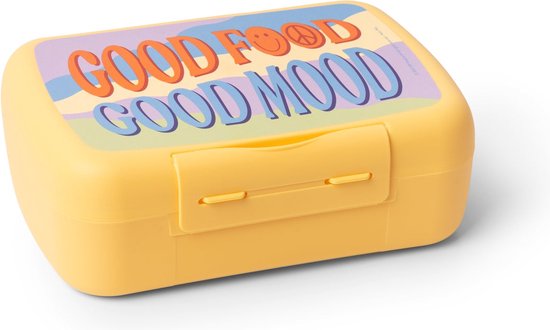 Boîte à pain jaune avec le texte "GOOD FOOD GOOD MOOD" sur fond pastel.