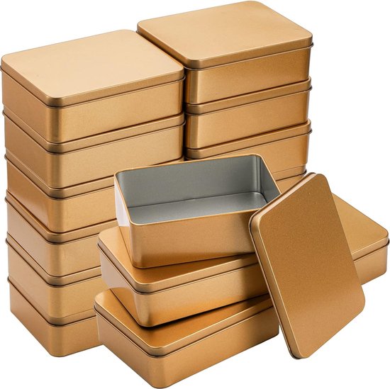 Foto: Pak van 16 rechthoekige blikken met deksel roestvrije metalen blikken kleine gouden lege scharnierende blikken metalen opbergblikken voor snoep lekkernijen 12x9x4cm