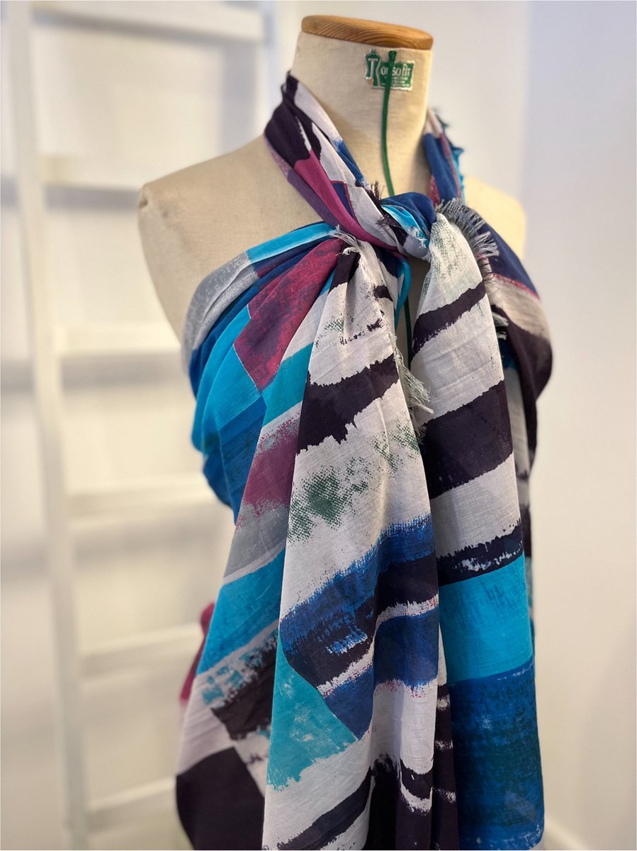 gestreepte pareo shawl van katoen, blauwe Lovely Scarfs shawl, sjaal, zomer shawl, dunne shawl, dames shawl, gekleurde sarong, aqua blauw, paars, cotton scarf