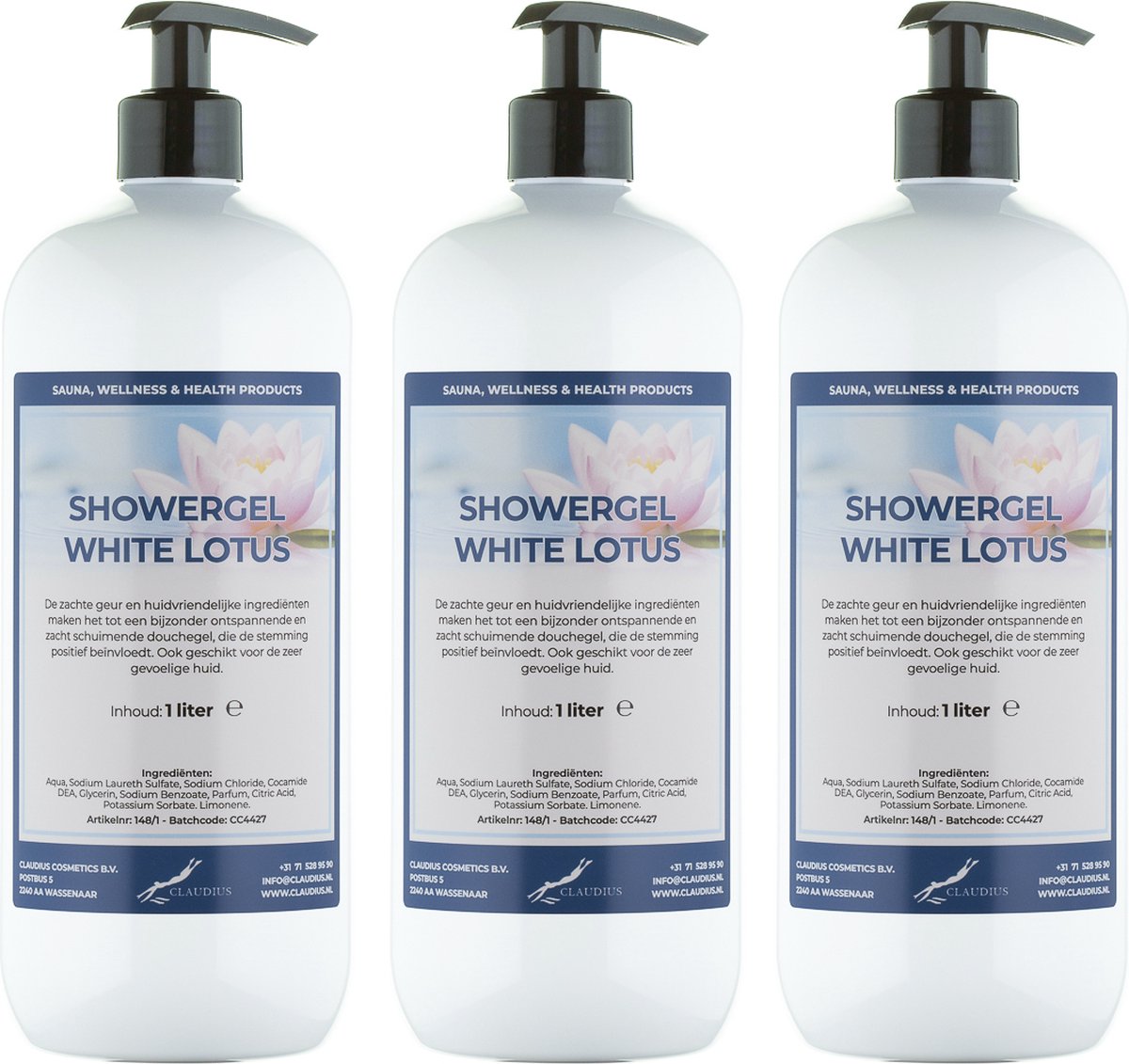 Goedkoopste Douchegel White Lotus 1 liter - set van 3 stuks - met gratis pomp - showergel
