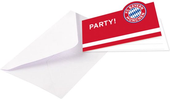 FC Bayern München uitnodiging met rode strepen en "PARTY!" erop.