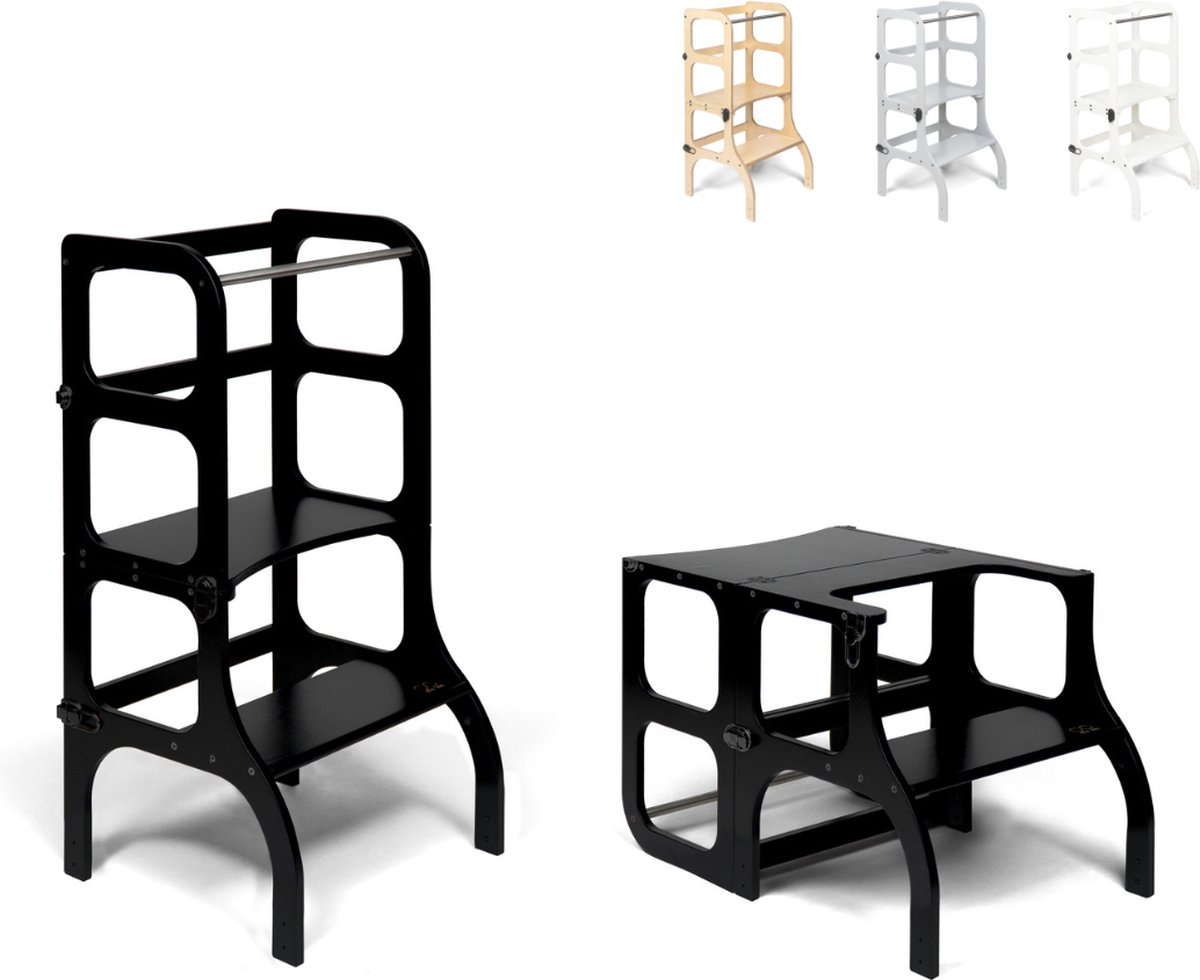 Ette Tete Step 'n Sit - Leertoren - Zwart met zilver clips Inklapbaar tot tafel en stoel - Learning Tower - Montessori inspired - Keukentrap - Keukenhulp - Leerstoel - Veilig -Duurzaam