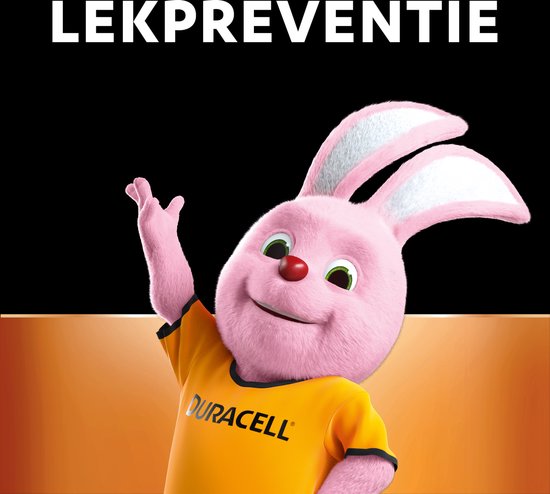 Een roze Duracell konijn met oranje Duracell shirt, met tekst 'LEKPREVENTIE' erboven.