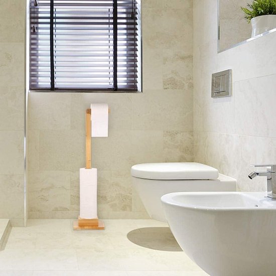Relaxdays toiletbutler, bamboe, HBD: 72,5 x 26 x 15 cm, toiletrolhouder, vrijstaand, toiletborstel met houder, natuur