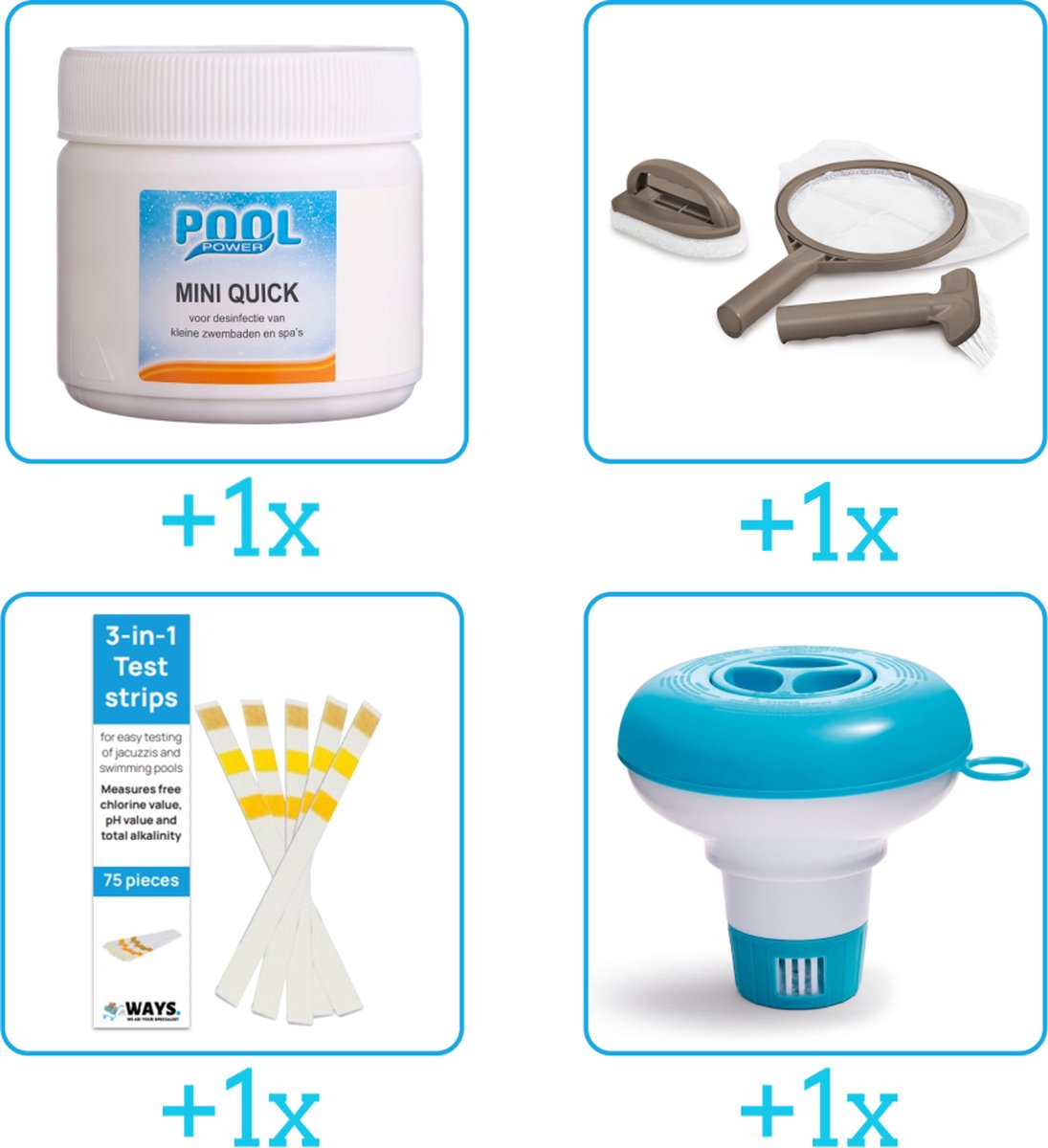 Pool Power Zwembad Onderhoudsset Startersset bevat Chloor Scrubpad Schepnet Borstel Testrips en Chloordrijver Spa Onderhoud Startersset Onderhoud voor Spa Geschikt voor alle type Spa's (4-delig)