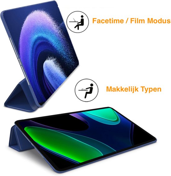 Blauw tablethoesje in staande modus voor Facetime en typen.