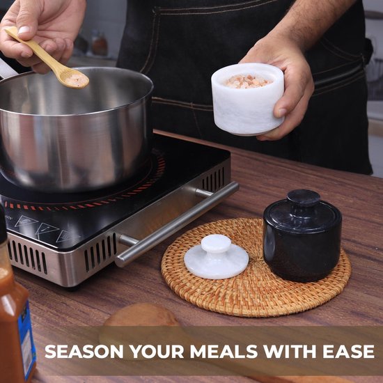 Flexzion Marmeren zoutkelder met deksel, multifunctionele marmeren container voor zout, peper, paprika en poederkruiden, marmeren doos voor sieraden, horloges en accessoires (zwart