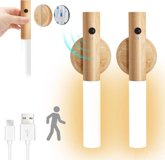HELLYMOON Houten wandlamp met bewegingsmelder voor binnen, USB-oplaadbaar, binnenwandlamp, kastverlichting, warmwit, draadloze batterij, led-wandlamp voor binnen, met schakelaar voor slaapkamer, hal