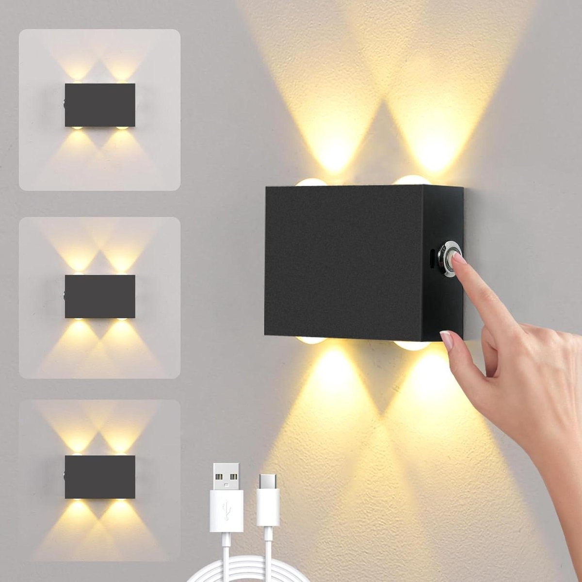 Oplaadbare Wandlamp Draadloos Touch Lichtschakelaar 4000mAh Batterij 4 Balken Licht 3000K Warmwit Verlichting Slaapkamer