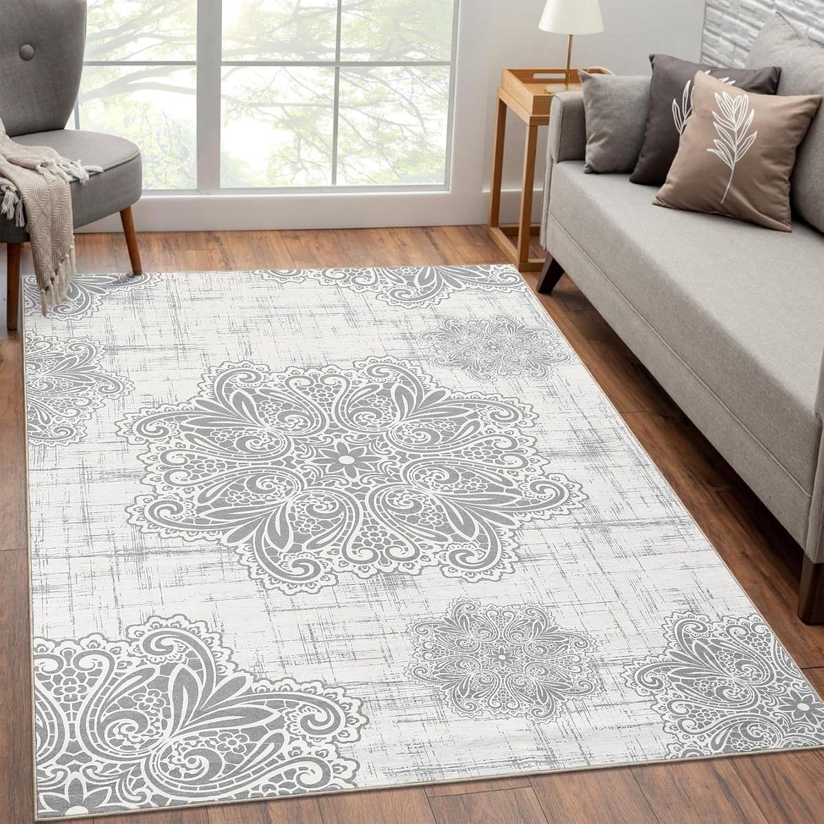 Tapijt Woonkamer Kortpolig Bloemen Tapijt Binnen Antislip Machinewasbaar Tapijt voor Slaapkamer Eetkamer Ultrazachte Vloermat Vintage Tapijt Lichtgrijs 120 x 170 cm