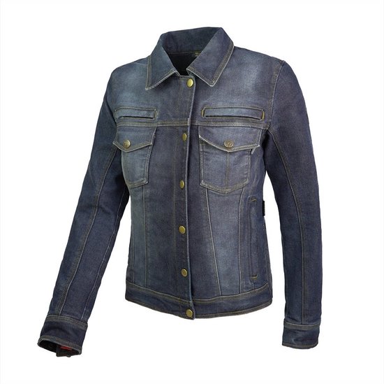 Dames spijker motorjas van By City, blauw denim met drukknoopsluiting.