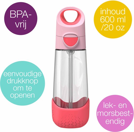 Roze drinkfles van 600 ml met een rode siliconen onderkant. BPA-vrij, drukknoop om te openen, lek- en morsbestendig.