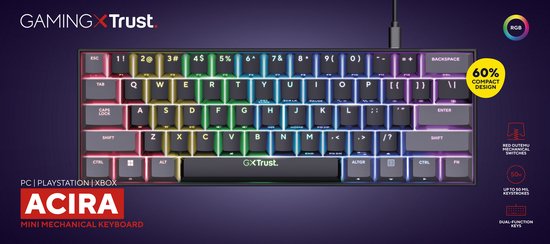 Clavier Gaming Mécanique Trust GXT 867 Acira 60% - RGB, Switches Rouges, Format Compact