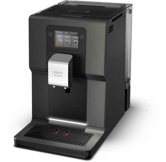 Zwarte Krups Intuition volautomaat met touchscreen en koffie-opties.