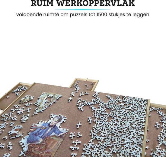 Groot werkoppervlak van puzzelbord, met op linkerhelft een deel van een puzzel met een afbeelding van een man in een stoel.