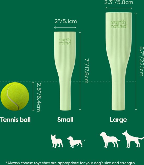 Vergelijking van de maten van het lichtgroene kauwspeeltje (klein en groot) met een tennisbal en honden.