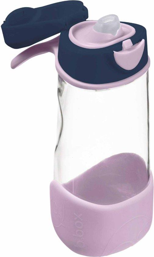 Bouteille de sport b.box avec couvercle bleu marine et rose. La bouteille est transparente avec un manchon de préhension violet.