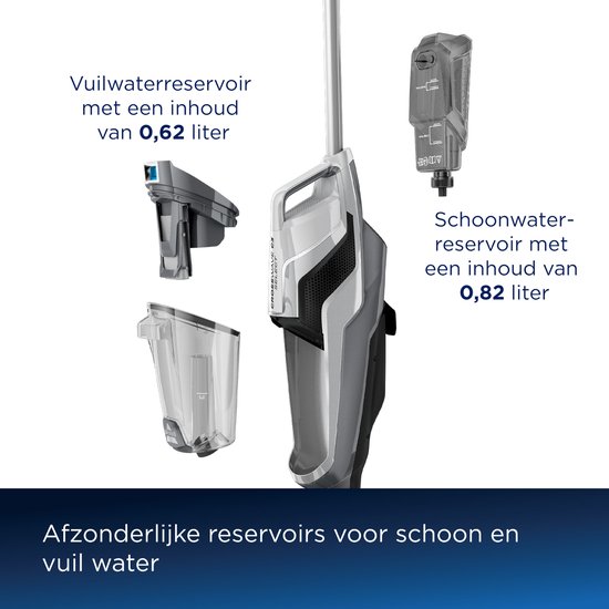 Diagram van de BISSELL Crosswave C3 Select stofzuiger met dweil, met aparte reservoirs voor schoon en vuil water.