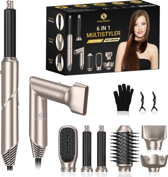 Foto: Fleau beauty f hnborstel pro edition flexibele multistyler airstyler hairwrap krulborstel haardroger haarstyler 6 in 1 set grijs