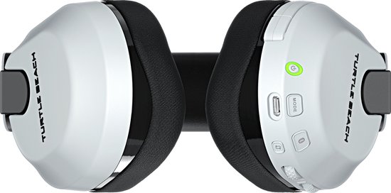 Bovenaanzicht van een witte Turtle Beach gaming headset op witte achtergrond.