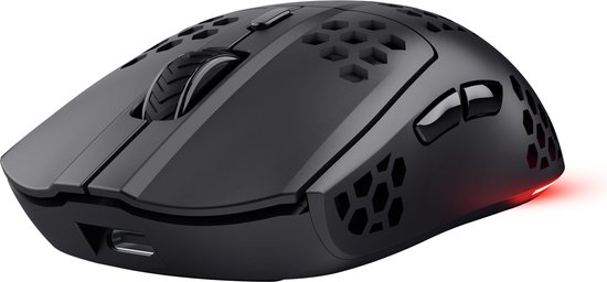 Zwart gaming muis met HX-patroon, scrollwiel, zijtoetsen en rode LED-verlichting aan de achterkant.