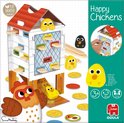 Doos van het spel Happy Chickens met een kippenhok, gele kuikens, een zwarte kip en ronde eivormige tegels.