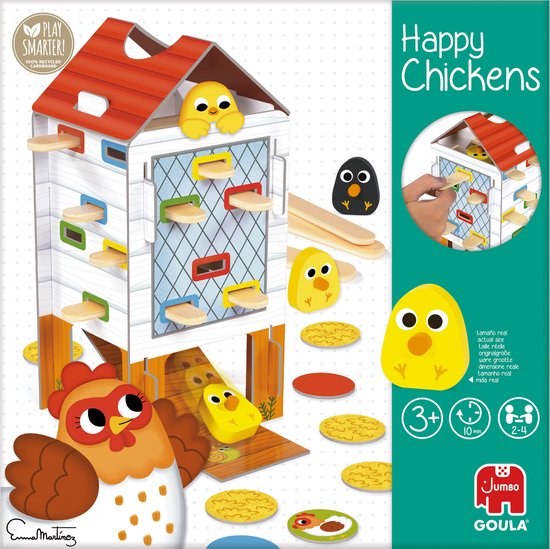 Doos van het spel Happy Chickens met een kippenhok, gele kuikens, een zwarte kip en ronde eivormige tegels.