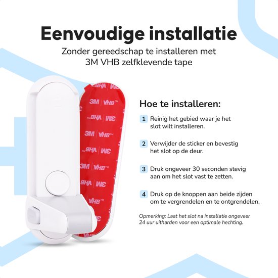 Wit Heimdall deurslot met 3M VHB tape aan de achterkant. "Hoe te installeren" instructies.