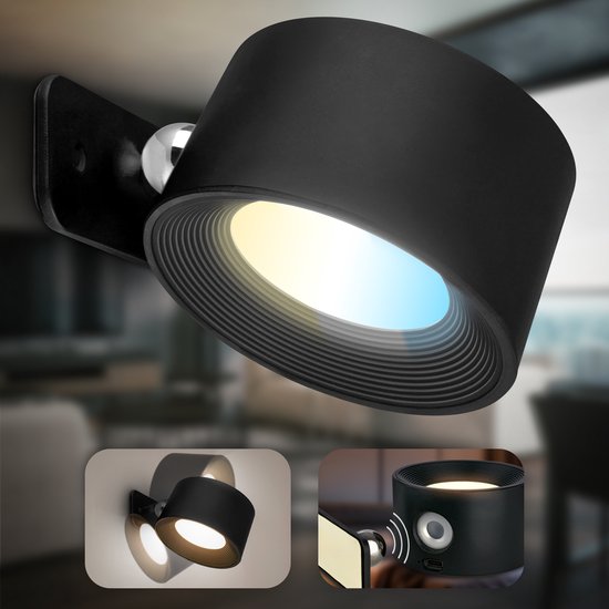 Zwarte wandlamp met magnetische montage, instelbare kleurtemperatuur (CCT) en touch dimfunctie. Toont ook de lamp aan de muur.