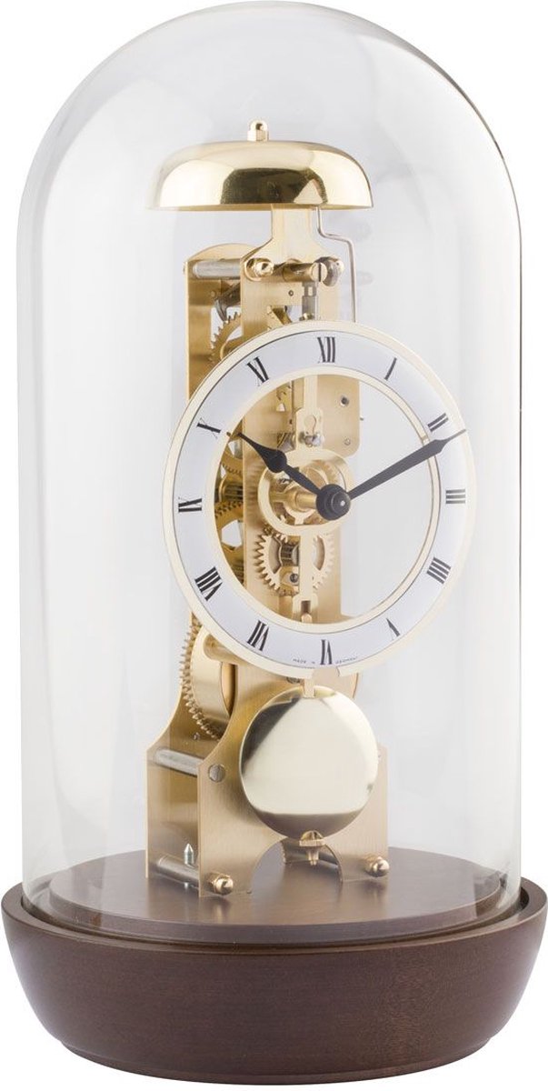 Hermle - Tafelklok mechanisch noten voet / glazen stolp / opwinden met sleutel 23018-030791 - 14 daags uurwerk