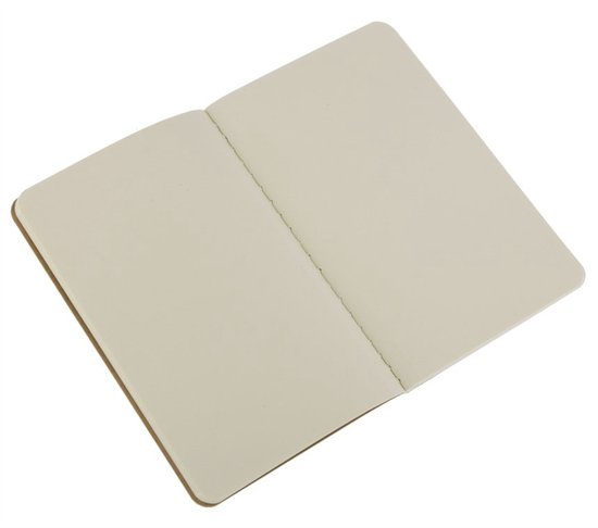 Een open Moleskine Cahier Journal in bruin met blanco crème kleurige pagina's.
