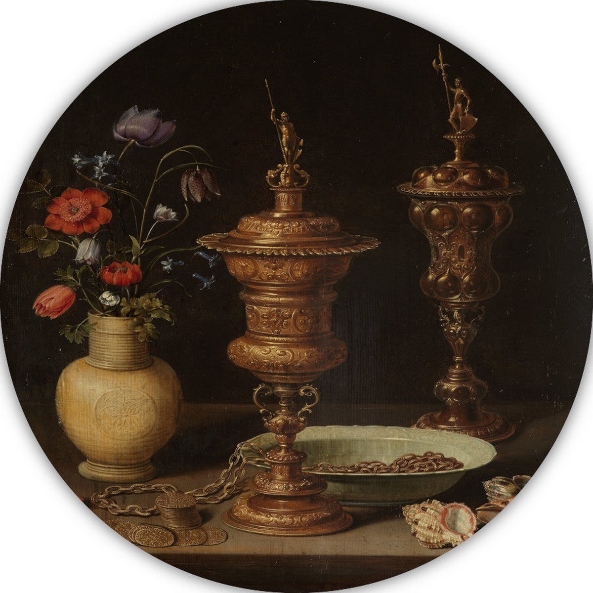 Stilleven met bloemen en vergulde bekers - Clara Peeters schilderij - Bloemen rond schilde