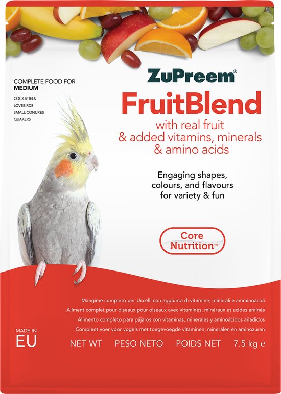ZuPreem FruitBlend Medium verpakking met een Kuifparkiet, fruit en informatie over de voeding.