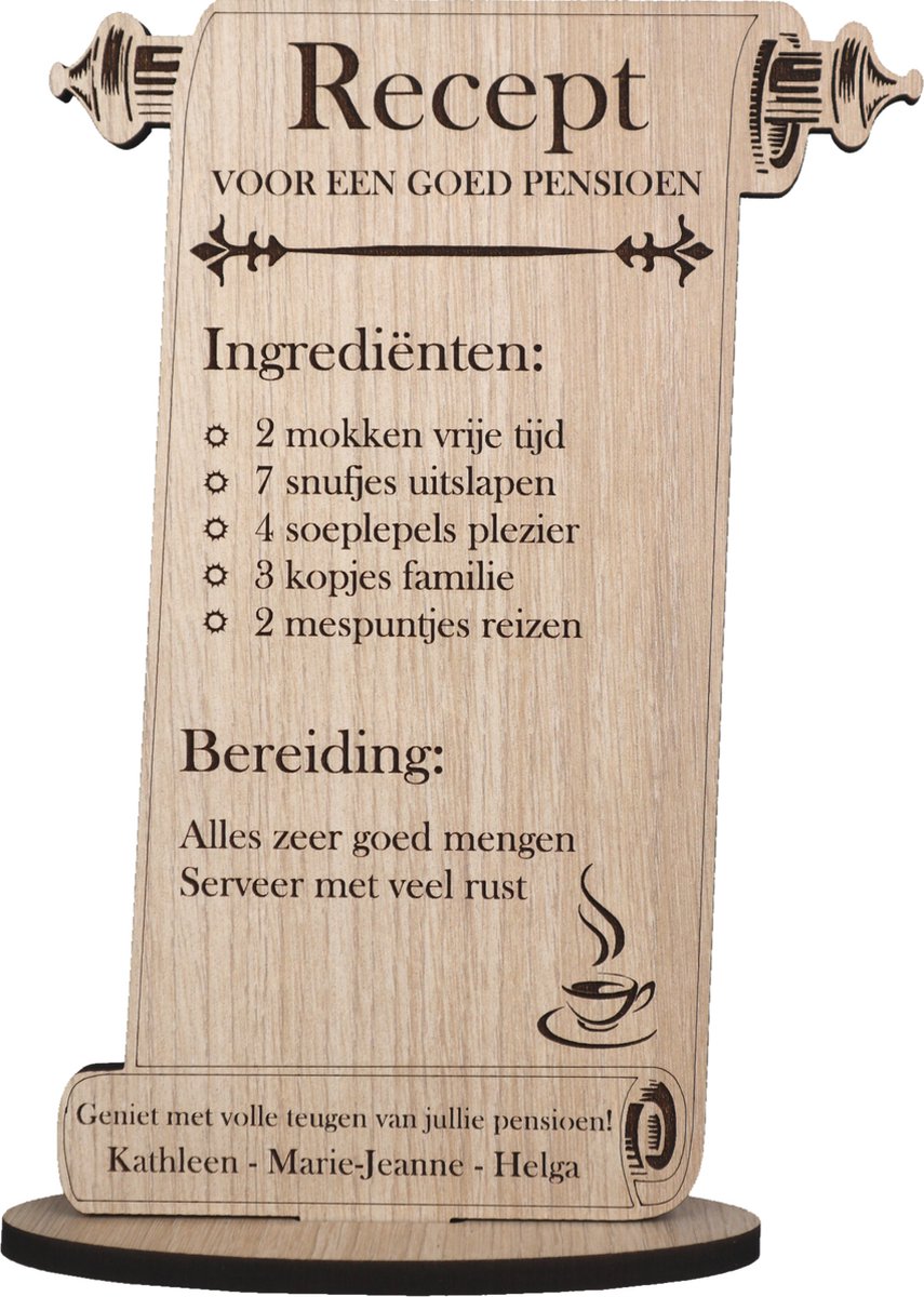 Recept pensioen - gepersonaliseerde houten wenskaart - kaart van hout - VUT - luxe uitvoering met eigen tekst