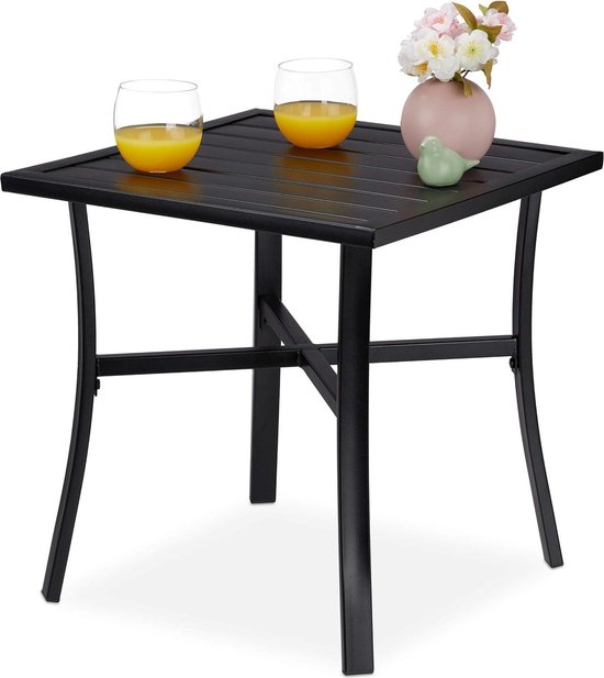 Relaxdays tuintafel, Hx: 73 x 60 cm, rotanlook, kunststof & staal, kleine buitentafel, ronde balkontafel, modern, zwart