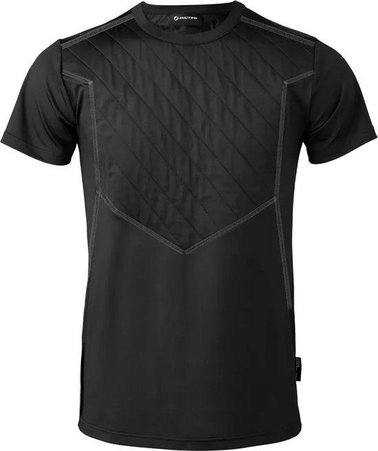 Zwart T-shirt met korte mouwen. Diamantvormige gewatteerde stof op de borst met grijze naden.
