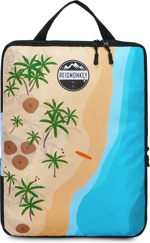 Packing cube met strand- en palmenprint. Zomers design met blauwe zee en bruin zand.