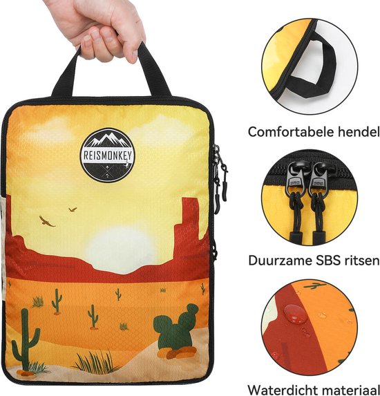Packing cube met woestijnprint. Details van de comfortabele hendel, duurzame ritsen en waterdicht materiaal.