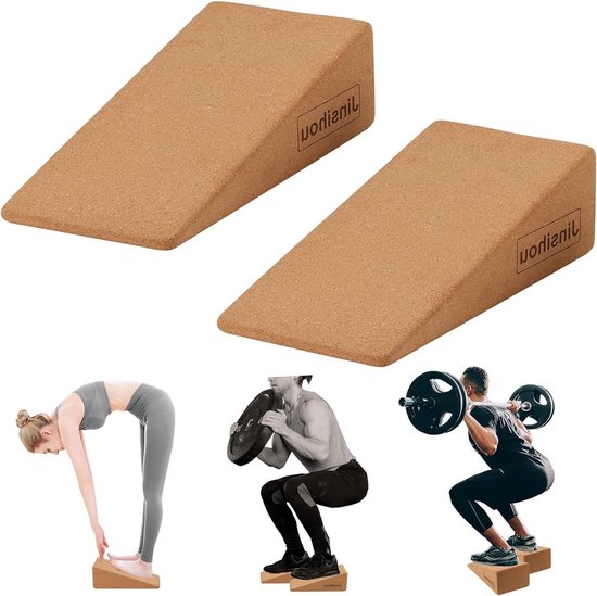 Foto: Set van 2 antislip kurk kuitstretcher kuitstrekker kniewig beenstrekker yogablokken voetsteun kniebeschermer stretchen spieren fascia slit board mobilisatiewig kniebuigingen kruisheffen slant board