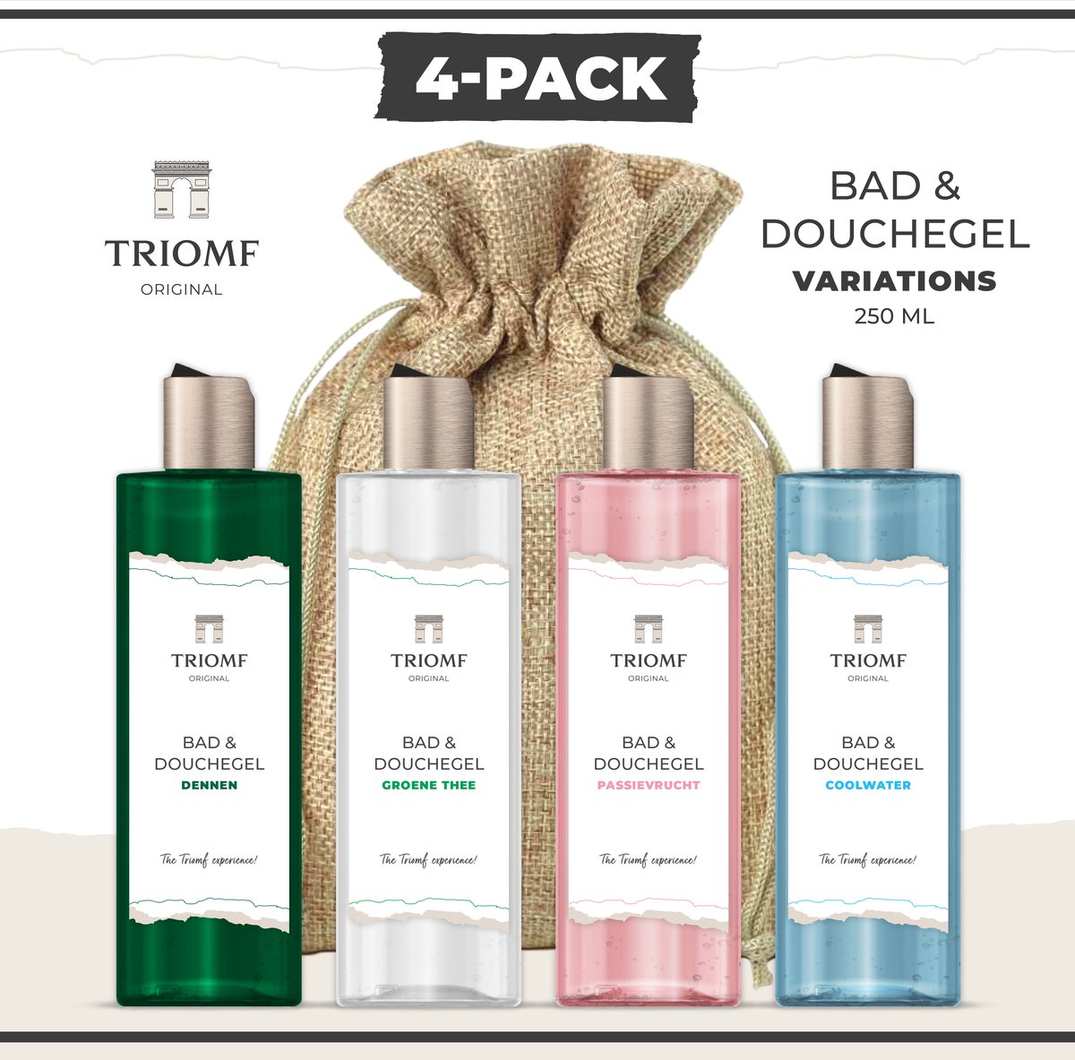 Goedkoopste Triomf Original - Bad & Douchegel Deluxe - 250 ML - 4-Pack - Dennen - Groen Thee - Passievrucht - Coolwater - Giftset Showergel Variations - 4 x Douche Gel - Gift voor Hem Haar - Cadeau Set Badkamer Man en Vrouw - Wellness Cadeaupakket - Verjaardag