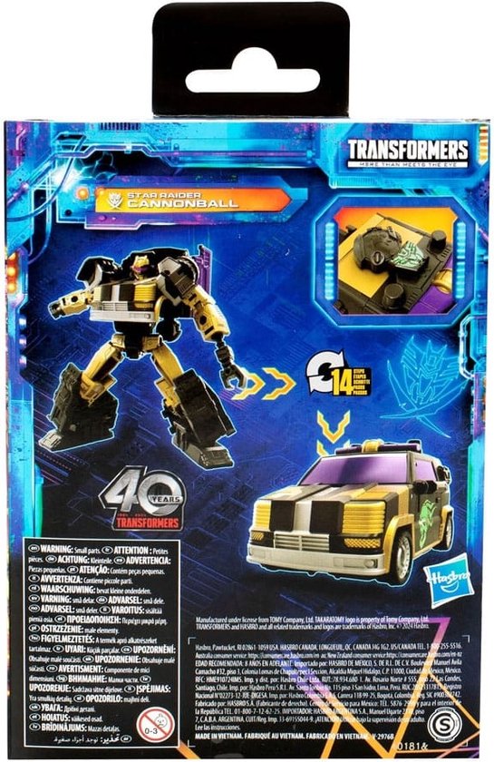 Achterkant van een speelgoedverpakking met de 'Star Raider Cannonball' in robot- en voertuigmodus. '40 Years Transformers' staat erop.