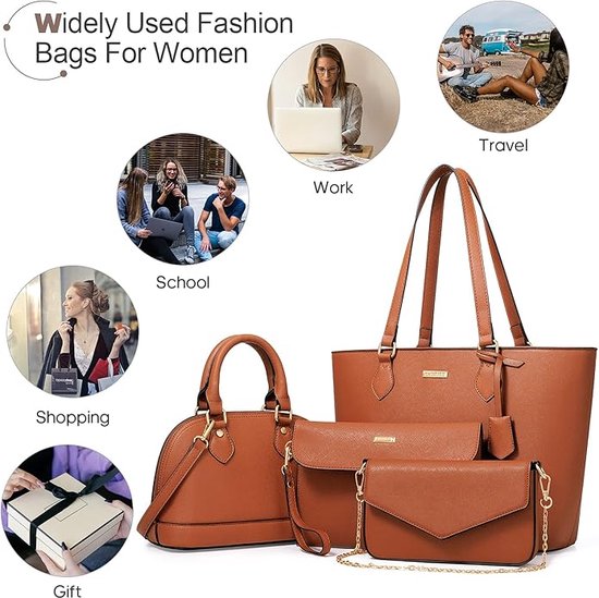 Sac à Main Femme FANDARE - Ensemble 4 Pièces Cuir PU (Sac Bandoulière, Pochette, Portefeuille) - Marron - Capacité Maxi