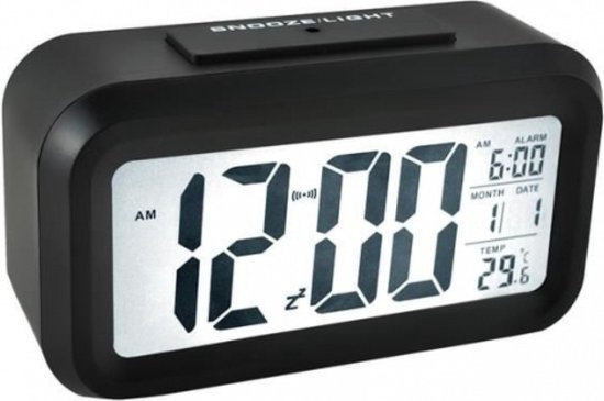 Foto: Thar digitale wekker alarm klok met temperatuur kalender snooze en led verlichting zwart