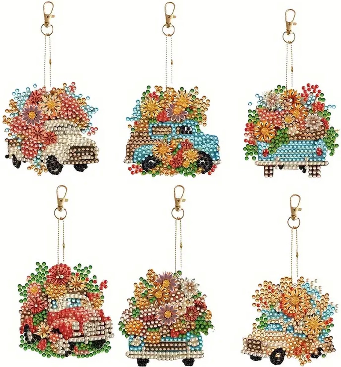 Diamond Painting - 6 stuks - Sleutelhangers - Auto - Bloemen - Volledig - Ronde steentjes