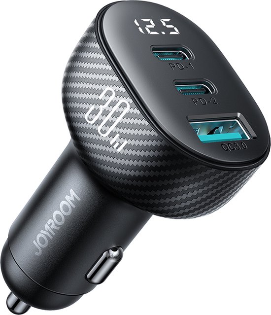 Joyroom Pro - Autolader met USB C en USB A - Snellader - Digitale Display - Zwart