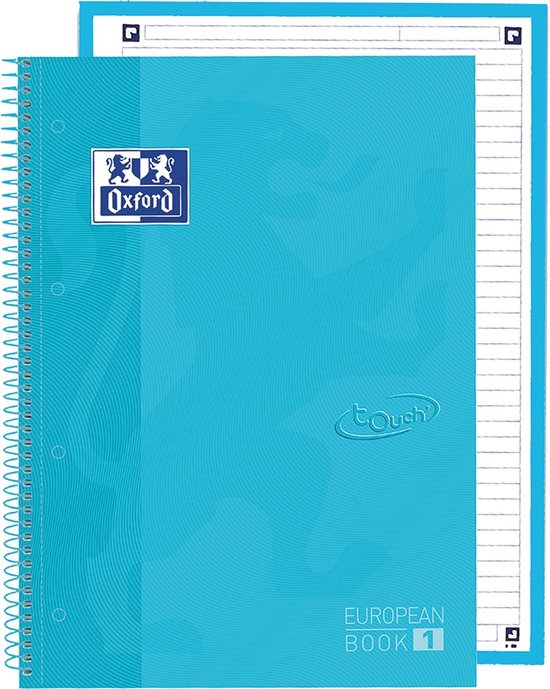 Oxford École Europeanbook - cahier - bordure colorée - A4+ - ligne - 80 feuilles - 4 trous - couverture rigide - bleu pastel