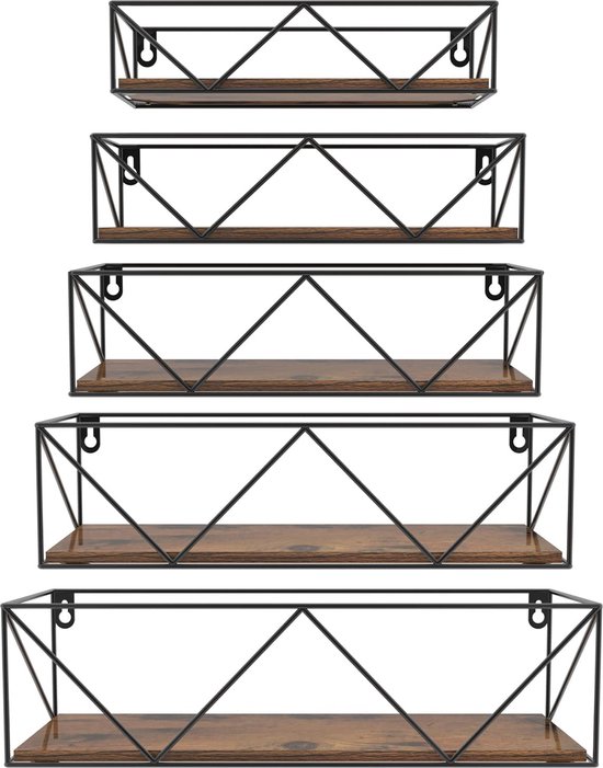 HORLIMER Gouden en witte zwevende planken voor muur, set van 5, houten wandplank met stangen, rustieke aan de muur gemonteerde planken voor slaapkamer, keuken, badkamer, woonkamer