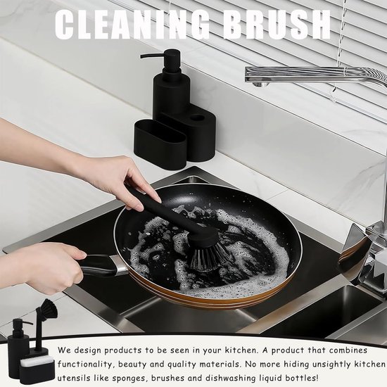 Afwasmiddeldispenser voor keuken, zeep en afwasmiddeldispenser, spoelmiddeldispenser, keukenset met sponshouder, borstel, spoelbakorganizer, zwart